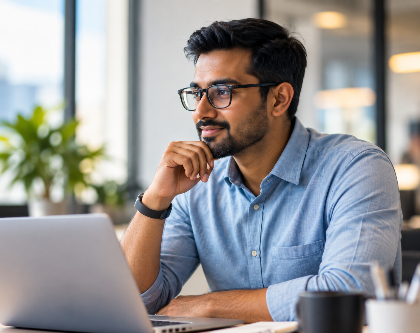 Smiling professional man working at his laptop